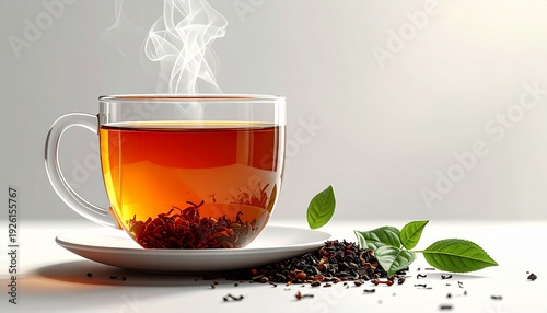 Aromatic Tea Time - Steaming Cup with Fresh Tea Leaves.
