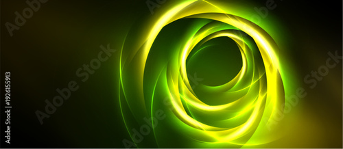 Bright swirling lines form abstract spiral. Dark background emphasizes luminous yellow, green energy flow. Modern design element.