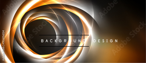 Abstract design features swirling orange, white lines. Dark background creates dramatic contrast, modern aesthetic. Text reads background design.