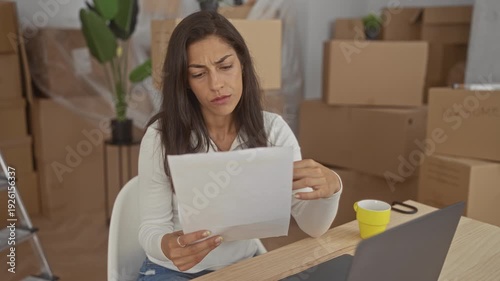 Woman holding paperwork and hand to temple in building surrounded by moving boxes and laptop at table; financial worry.