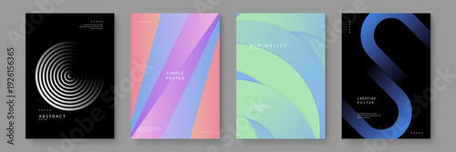 A set of four diverse poster designs ranging from dark monochromatic spirals to soft pastel diagonal stripes and fluid green curves for versatile use