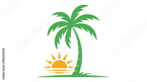 Tropical palm tree with a bright sunrise over a simple landscape