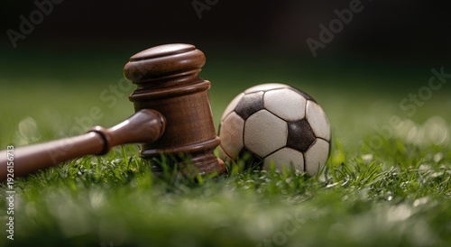 Gavel and Soccer Ball on Grass Representing Sports Law and Justice.