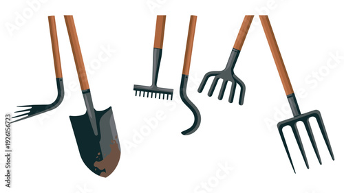 Gardening tools vector illustration of a shovel and rakes for yard work