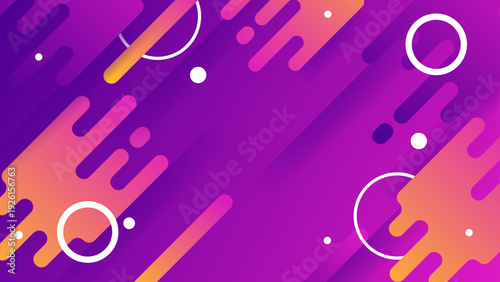 Vibrant purple and orange fluid shapes with white circles and dots on a dark purple gradient background