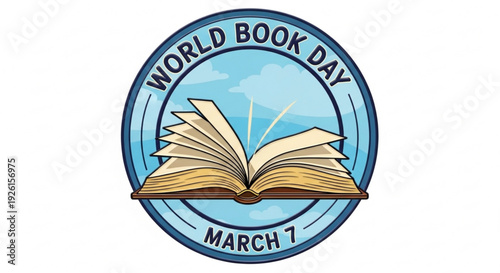 World book day march 7 logo with open book and sunny sky background
