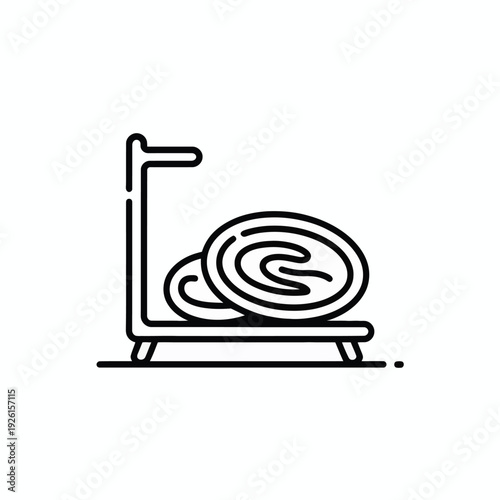 A simple line drawing of a treadmill with a spiral pattern on its belt.