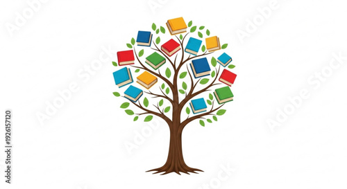 Colorful tree with books and leaves on white background symbolizing education and learning