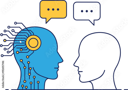 Human and Artificial Intelligence Communication Concept with Digital Brain Circuit and Speech Bubbles Representing AI Chatbot Interaction and Machine Learning Dialogue