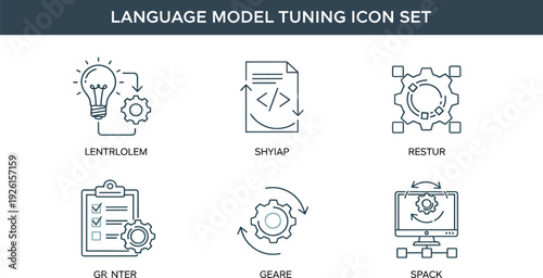 Language Model Tuning Icon Set Featuring Prompt Engineering, API Integration, Model Training, Optimization, Testing, Deployment, and AI Configuration Symbols
