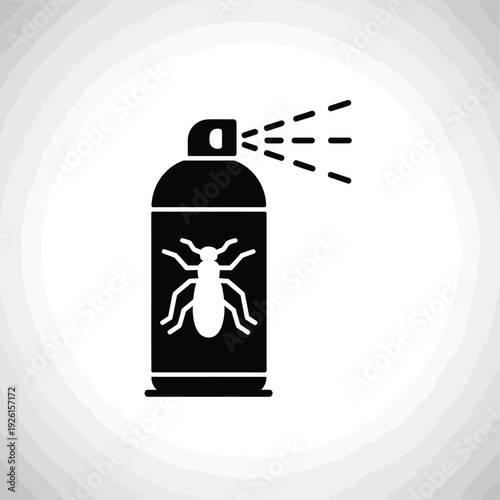 A black spray can with a bug on it is releasing spray.
