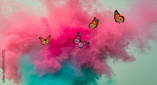 Colorful Butterflies Emerging from Holi Powder on White