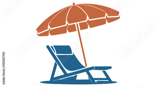 Relaxing beach scene with a blue lounge chair and orange umbrella