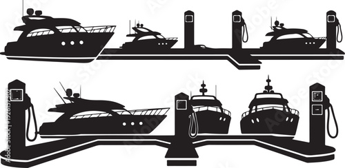 Silhouette of luxury yachts at a fuel dock station