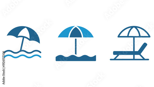 Relaxing beach and poolside scenes with blue umbrellas and lounging essentials