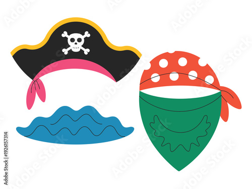 Pirate costume accessories including hat, beard, and bandana.