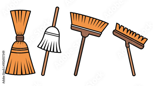 Broom vector illustration set with cleaning tools and equipment