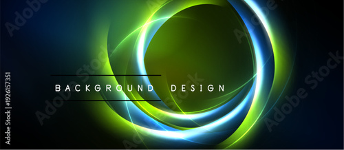 Abstract glowing circles overlap dark background. Bright green, blue hues create dynamic visual effect. Text reads background design.