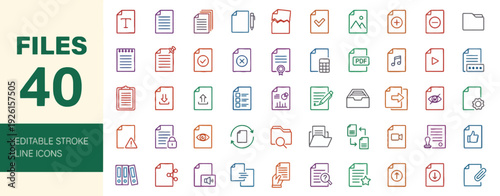 Collection of Editable Stroke Line Icons Representing Files and Documents in Various Colors