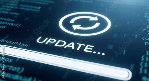 A video showcasing a software update in progress on a computer screen with a loading bar and circular arrows.