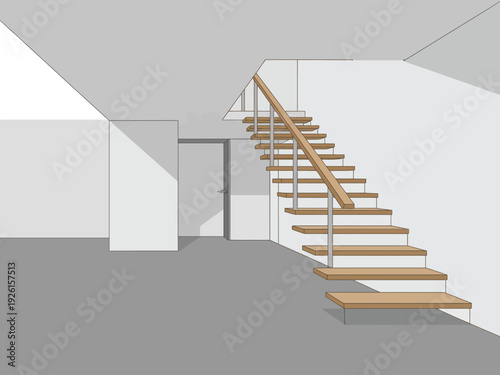 A minimalist staircase with wooden steps and metal railings in a modern interior space