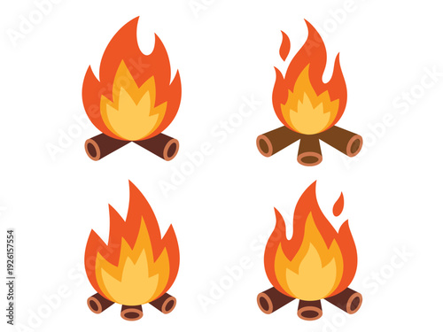 Four cartoon campfires arranged in a grid pattern on a white background.