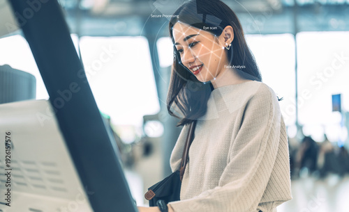 Passenger at international airport terminal for departure with airline transport face detection biometric identity using self service check