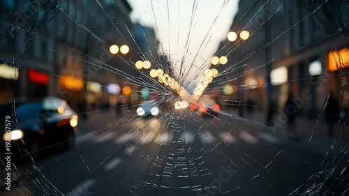 View through a cracked windshield of a busy city street at dusk, with blurred car lights and warm bokeh.