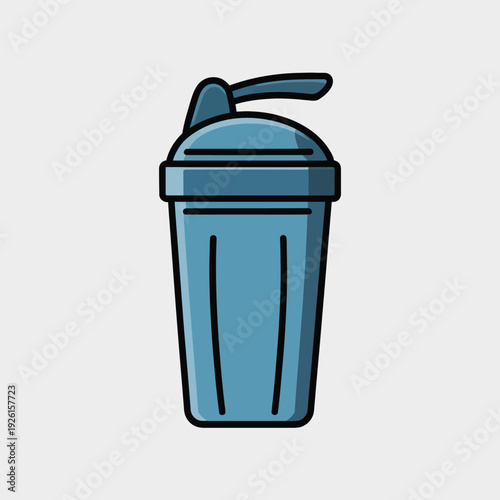 A simple blue cartoon image of a protein shake container with a straw.