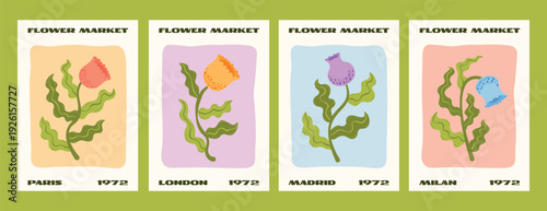 Flower market poster set with delicate pastel tulips, bell flowers, tropical floral elements. Trendy stylish modern botanical card collection. Vector hand drawn illustrations.