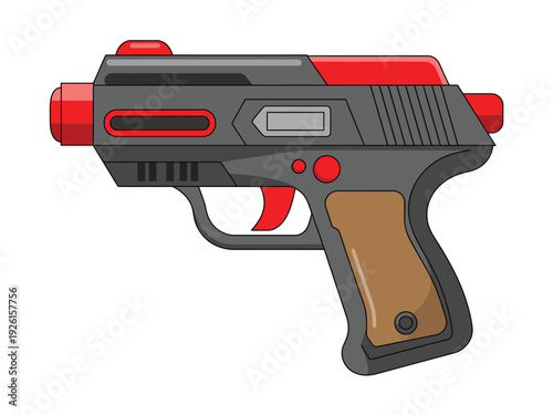 A futuristic laser gun with a sleek design and red accents is displayed.