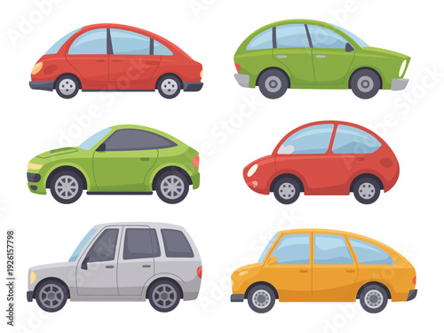 A collection of six cartoon cars in different colors and models.