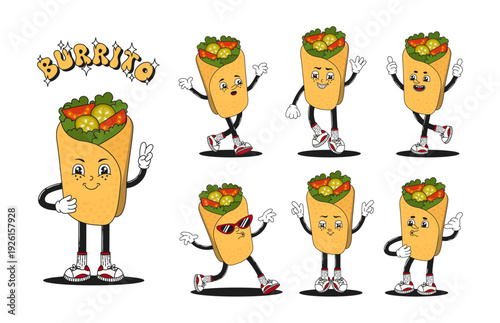 Groovy funky burrito, shawarma mascot with happy smiling face collection. Retro cartoon fast food character set, different poses and angles. 60s, 70s, 80s hippie psychedelic vector illustrations.