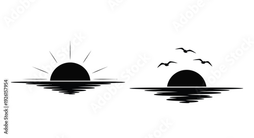 Minimalist seascape with a sun and birds in black silhouette