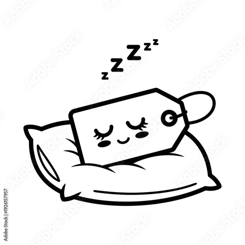 Cute price tag character sleeping on pillow, zzz symbol, representing rest, relaxation, and sale.