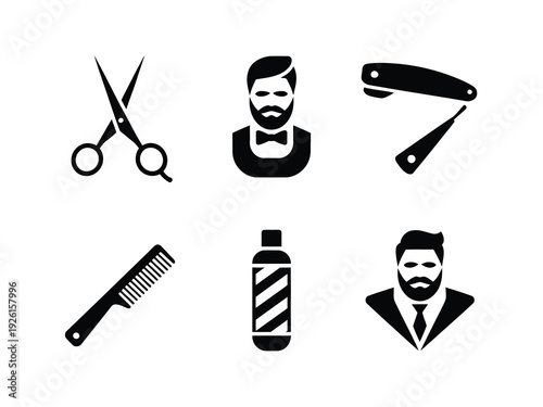 A collection of barber icons, including tools and stylized portraits of a bearded man.