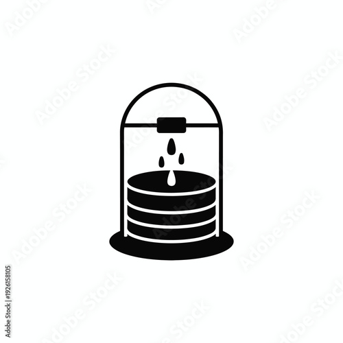 A simple black and white illustration of a water filter with droplets falling inside.