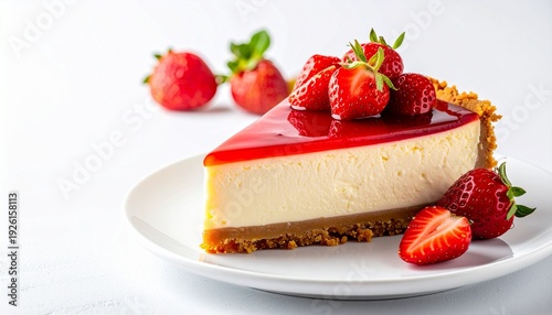 Photorealistic cheesecake slice, side view, strawberry sauce topping, fresh strawberries, visible crust, soft light, clean background, high detail.