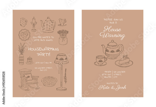 Vintage housewarming party invitation set with cozy hand drawn fireplace, rocking chair, tea set, cake, home decor elements. Retro line art vector invite sedign collection. Rustic templates.