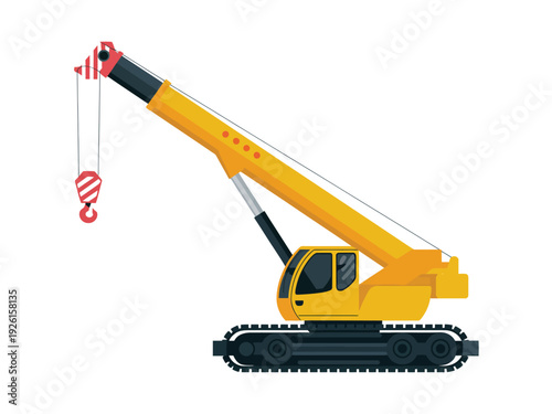 A yellow tracked crane with a hook suspended from its cable against a white background.