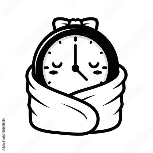 Cute Sleeping Alarm Clock Wrapped in Blanket, Time to Rest Concept