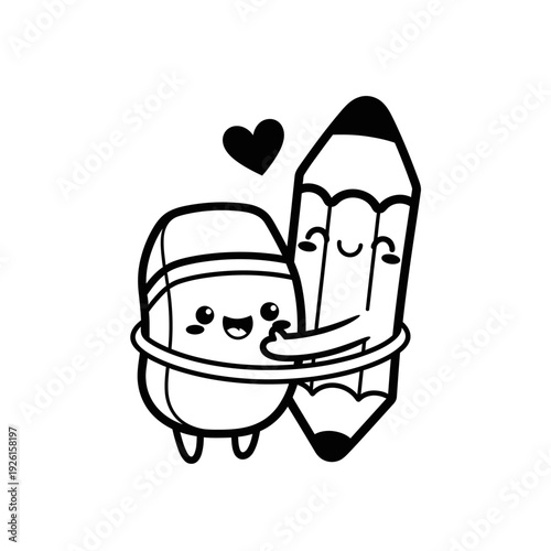 Cute Pencil and Eraser Hugging with Heart, Kawaii Style, Friendship Concept