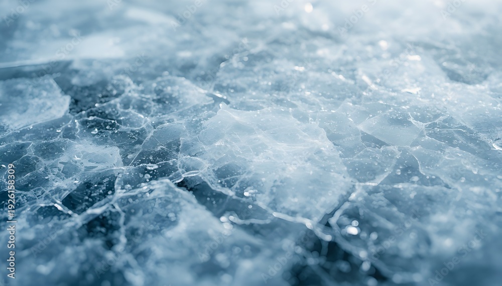 Obraz premium A close-up view of a frozen surface with cracked ice and a blue hue