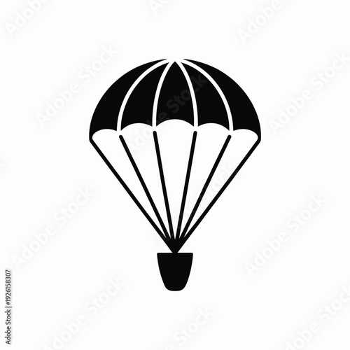 A simple black and white illustration of a parachute against a plain background.