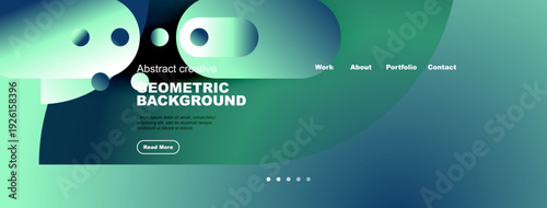 Abstract website header design. Geometric shapes, teal gradients, text elements present. Navigation menu visible. Modern aesthetic.