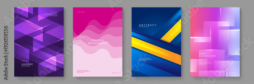 A collection of four professional abstract background templates featuring geometric shapes and fluid waves for corporate identity and creative projects