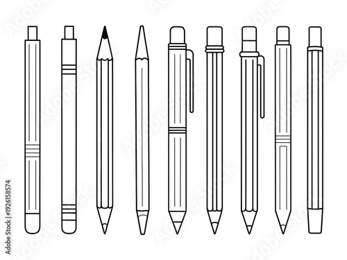 A collection of pens and pencils in a line drawing style, showcasing various designs and shapes.