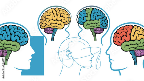 Brain colorful illustration with human head profiles and vibrant colors