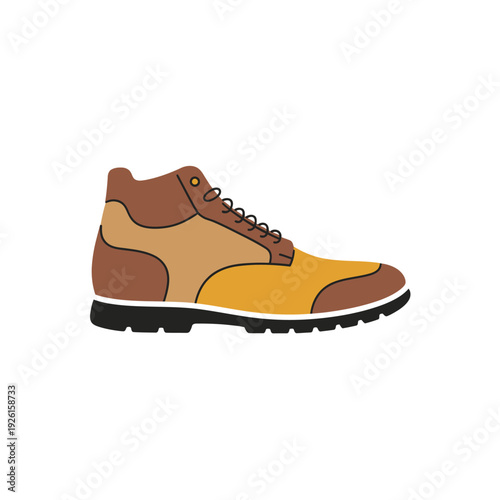A cartoon shoe with yellow, brown and black colors on a white background.