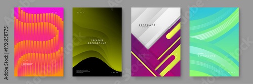 A diverse set of four abstract cover designs including wavy lines organic curves and sharp geometric elements in various color palettes